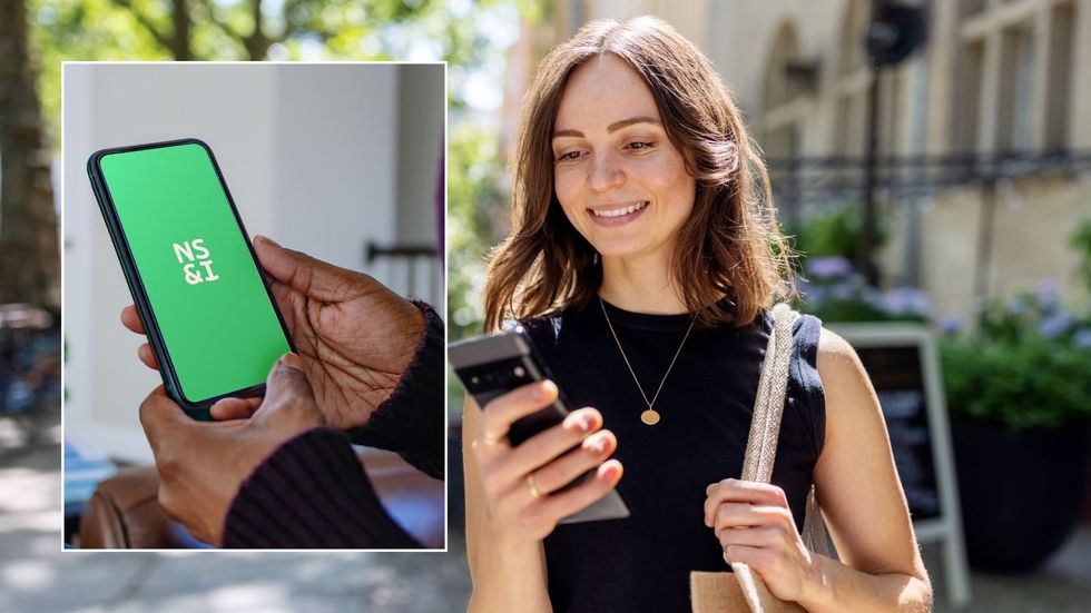 Woman looking at phone and NS&I  logo