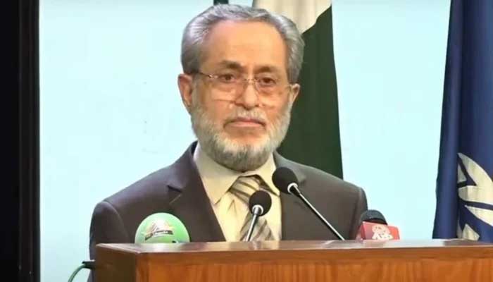 Supreme Courts Justice Jamal Khan Mandokhail addresses an event related to Labour Day in Islamabad on May 1, 2025. — Screengrab/YouTube/Geo News