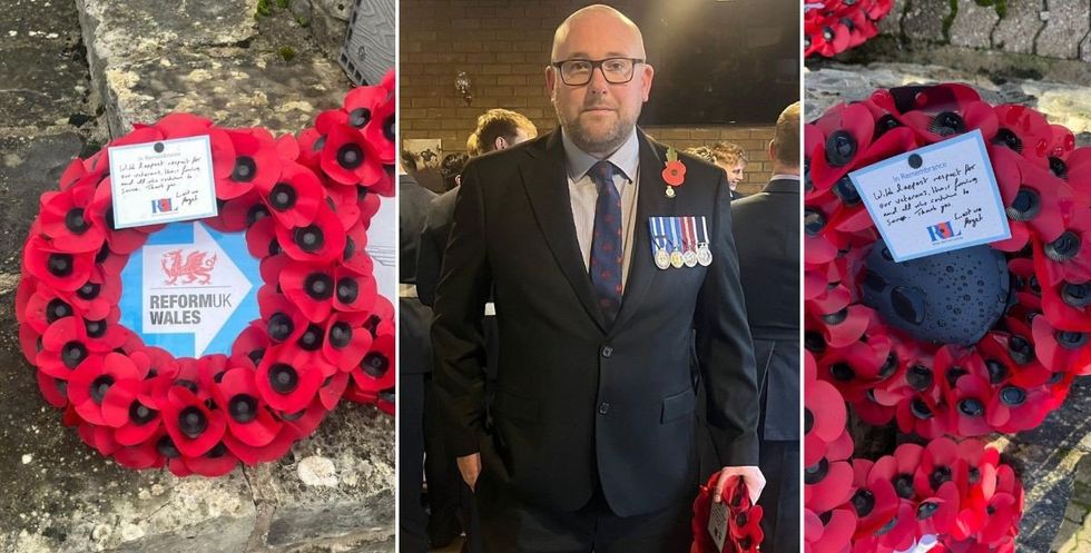 Ex-Royal Navy veteran Toby Rhodes-Matthews, who heads Reform's Vale of Glamorgan & Bridgend branch, placed down a wreath at a war memorial in the Vale of Glamorgan on Remembrance Sunday
