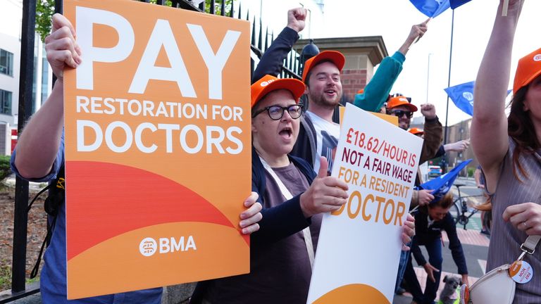 Resident doctors outside Newcastle's Royal Victoria Infirmary during a five-day strike in July. File pic: PA