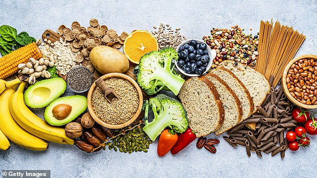 Foods rich in fibre include wholegrain breakfast cereals, beans and pulses, nuts and seeds, fruits and vegetables, wholewheat pasta, wholegrain bread and potatoes with the skin left on