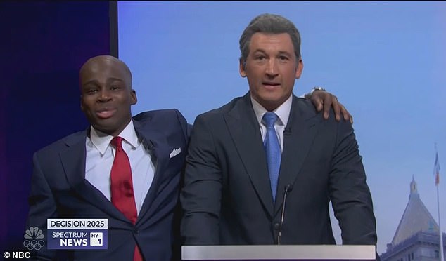 Devon Walker as Eric Adams came out to praise Andrew Cuomo, played by Miles Teller