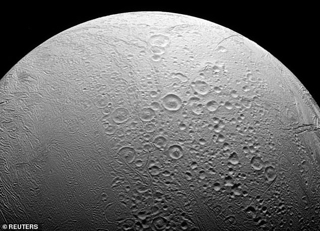 Although Enceladus looks barren on the surface, beneath the ice, there is a vast liquid water ocean which has all the ingredients for life. Pictured: Enceladus as seen by the Cassini spacecraft
