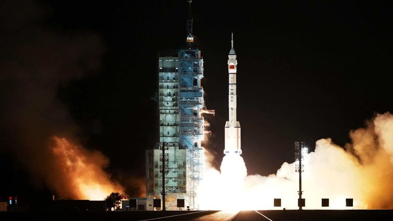 The launch of the Shenzhou-21 craft from Jiuquan Satellite Launch Center in Gansu province, China, on 31 October. Pic: Kyodo via AP