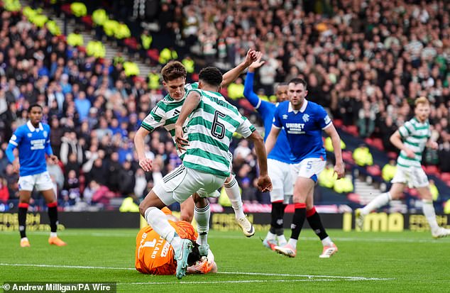 Celtic's Auston Trusty was booked by referee Nick Walsh for kicking Jack Butland on the head