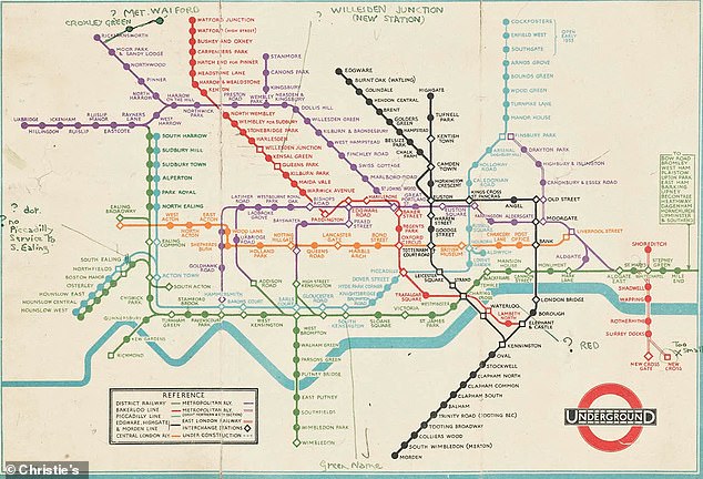 At the time, the Tube consisted of the 'District Railway' (green), the Bakerloo Line (red), Piccadilly Line (light blue), Central London Railway (orange), Edgware, Highgate and Morden Line (black) and the Metropolitan Railway (purple), the oldest tube line which opened in 1863, initially just linking Paddington with Farringdon