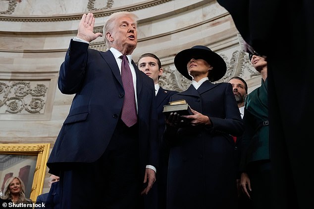 Behind the scenes a vicious war has broken out between the so-called '28ers' - those trying to circumvent the Constitution to keep the president in office - and others who believe there is no route to a third term for Trump (pictured at his 2025 inauguration)