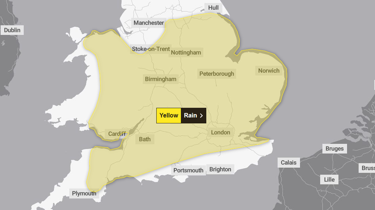 A yellow weather warning for rain is also in effect for Saturday. Pic: Met Office