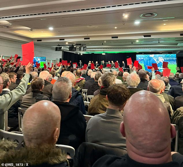 Celtic fans hold aloft red cards as the club's annual general meeting descended into farce