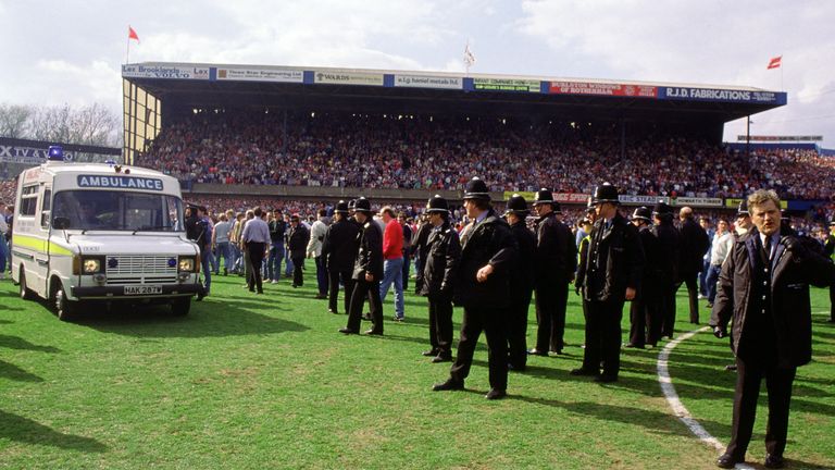 An ambulance on the pitch during the 1989 Hillsborough disaster. Pic: Action Images via Reuters