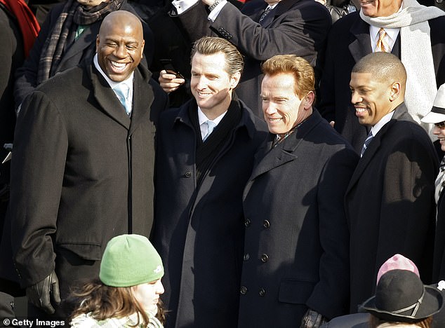 Newsom has certainly curried favor with Tinseltown over the years, with $313 million being handed out to television applicants last month. The Democrat is pictured in 2008 with Arnold Schwarzenegger and Magic Johnson
