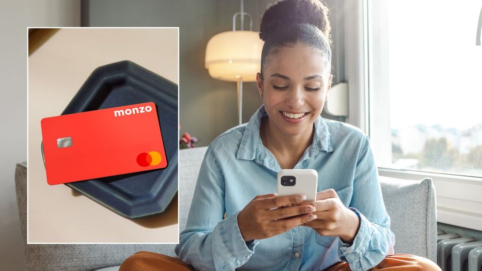 Woman on phone and Monzo card
