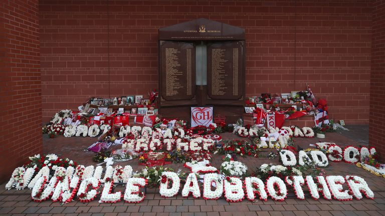 Tributes at Anfield in December 2020 to victims of the 1989 Hillsborough disaster. Pic: PA