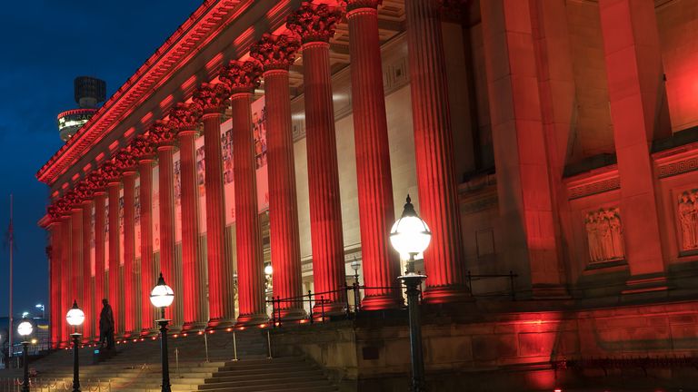 Liverpool's St Georges Hall lit up in red in 2019 on the 30th anniversary of the disaster. Pic: Shuttercock
