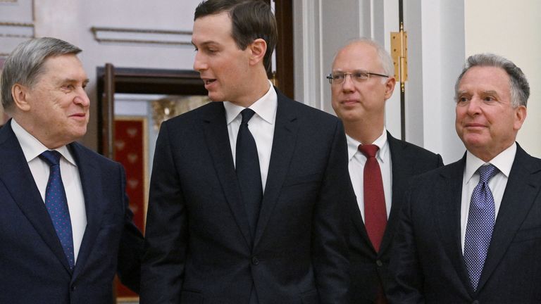 Jared Kushner and Steve Witkoff were joined by Kirill Dmitriev (2nd right) and Yuri Ushakov (left). Pic: Reuters