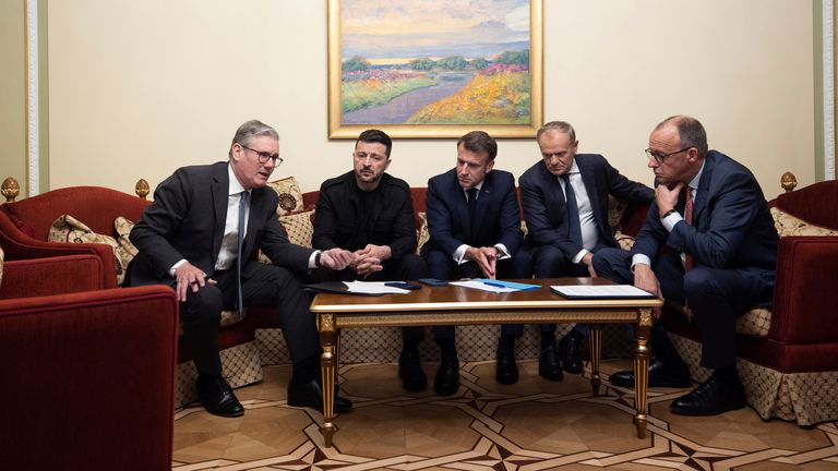 Meeting between, left to right, Keir Starmer of the UK, Volodymyr Zelenskyy of Ukraine, Emmanuel Macron of France, Donald Tusk of Poland, and Friedrich Merz of Germany. Pic: AP