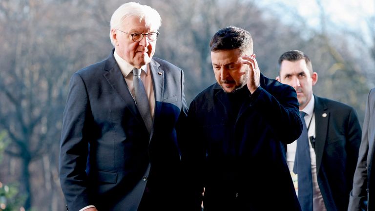 Germany's President Steinmeier with President Zelenskyy in Berlin on Monday. Pic: Reuters