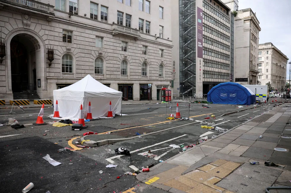 \u200bA general view of the site in the aftermath of an incident where a car plowed into a crowd of Liverpool fans