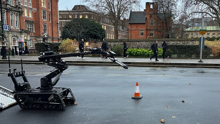 The bomb disposal robot was unloaded by specialist officers in front of the Houses of Parliament.