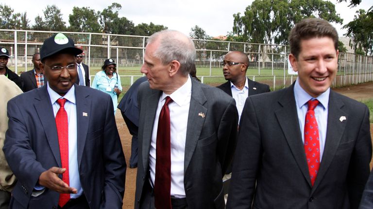 UK high commissioner to Kenya Christian Turner, right, and US ambassador to Kenya Robert F. Godec, centre, in 2012. File pic: AP