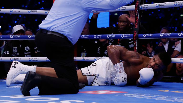 Joshua is counted for a knock down during his fight against Daniel Dubois in Sept 2024. Pic: Reuters