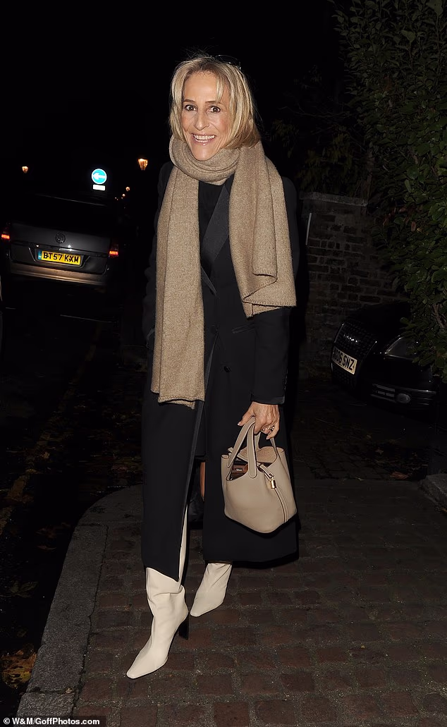 Emily Maitlis meanwhile was glowing as she arrived in long black satin coat and white leather slouch boots
