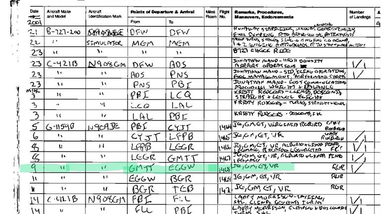 A flight log from the Epstein files