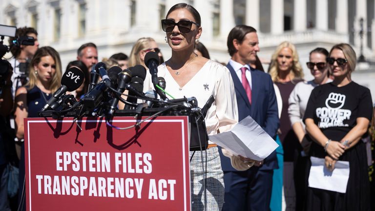 Marina Lacerda spoke outside the US Capitol in favour of the Epstein Files Transparency Act. Pic: AP