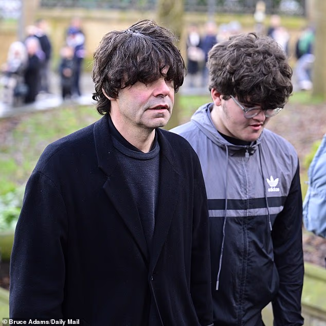 The Charlatans' frontman Tim Burgess (left) was among those arriving today for the funeral