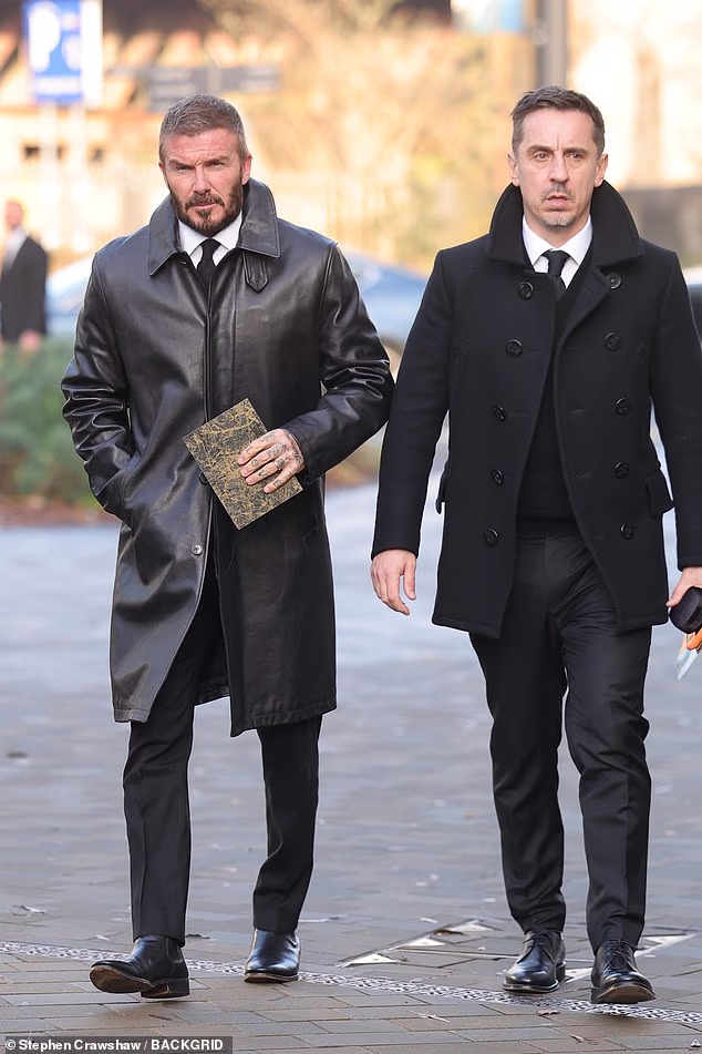 David Beckham is seen holding an invitation to the service, alongside Gary Neville