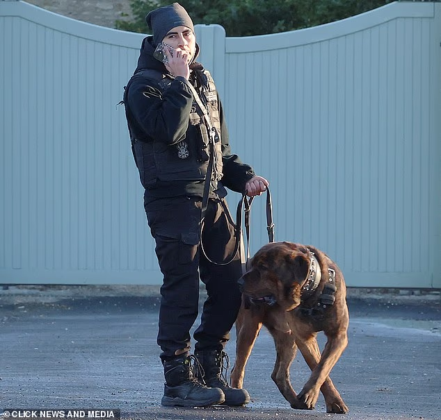 Pictured: A security guard and a menacing patrol dog at the entrance of Kin House in Wiltshire ahead of the wedding reception