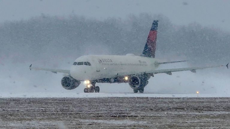 A Delta Air Lines plane prepares to take off  at Greater Rochester International Airport, New York. Pic: Reuters
