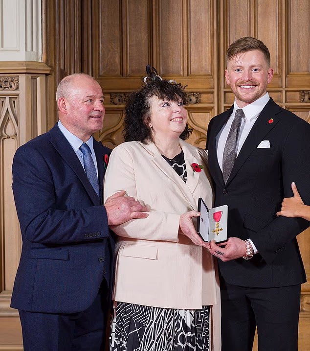 According to new reports, Adam's father Mark was the only person asked to attend their big day, however he was told he'd have to sit at the back 'behind the plus ones' (pictured Mark Peaty, Caroline Peaty and Adam)
