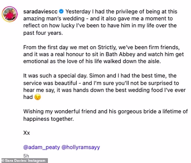 While Sara is yet to share any snaps from with the couple on their wedding day, she did share a sweet message to Adam on Instagram on Sunday and shared pictures of the pair