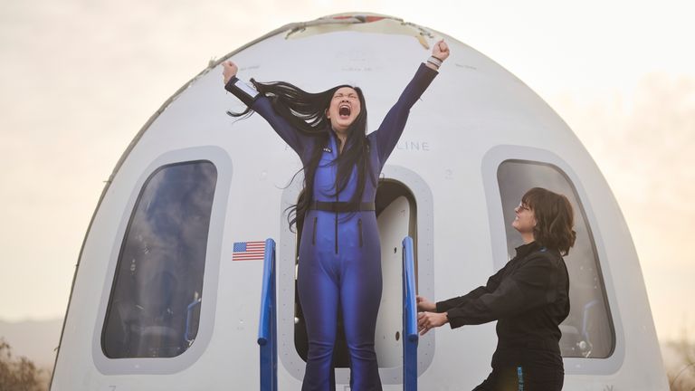 Katy Perry after landing back on Earth. Pic: Blue Origin/Cover Images via AP