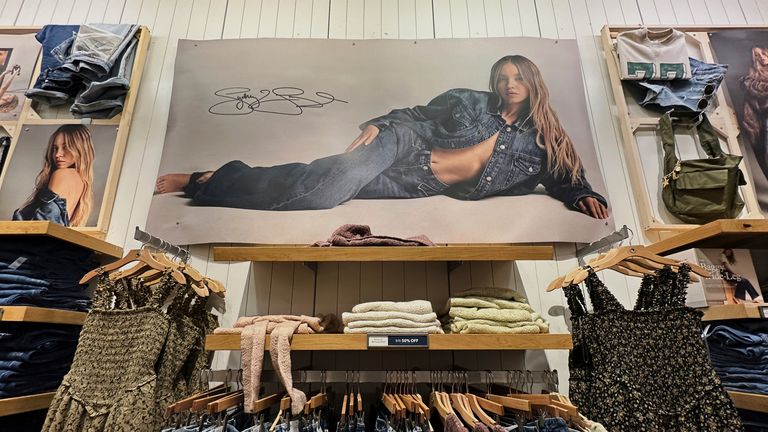 A Sydney Sweeney ad seen at an American Eagle in Washington DC. Pic: AP