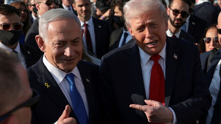 Donald Trump and Benjamin Netanyahu at Israel's Ben Gurion Airport in October. Pic: Reuters