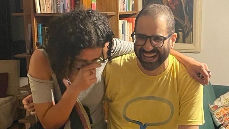 Mr Abd El-Fattah with his sister after his release from prison. Pic: Twitter/@monasosh

