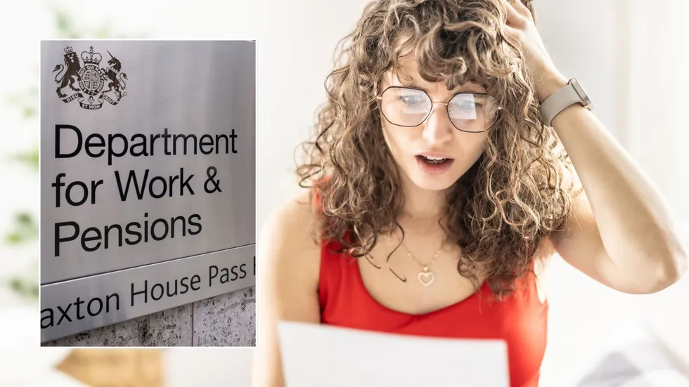 Woman looking worried and DWP sign