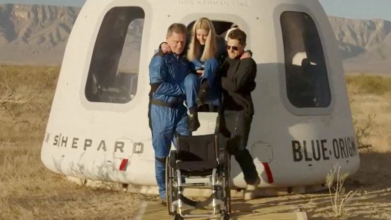 Michaela Benthaus disembarking a New Shepard rocket after becoming the first wheelchair user in space. Pic: Blue Origin