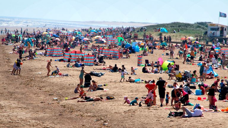 Skegness beach on a very busy day.