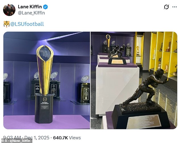 On Monday morning, Kiffin posted photos from inside the LSU trophy room in Baton Rouge