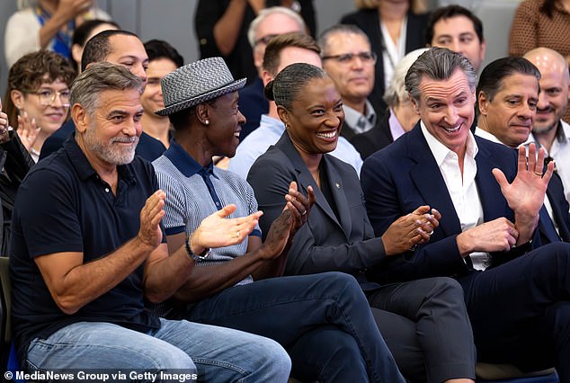 Left-leaning film and television executives increasingly see the California Democrat as the future of the party. He is pictured here with actor George Clooney, actor Don Cheadle and US Senator Laphonza Butler in 2023