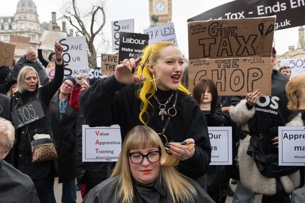 Barbers and hairdressers at a protest in London earlier in 2025