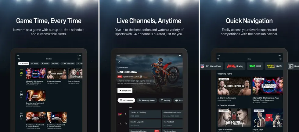 screenshots of the dazn app on tablets and smartphone app