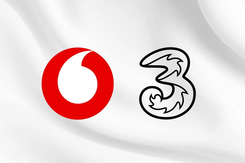 vodafone and three logos pictured on a white background
