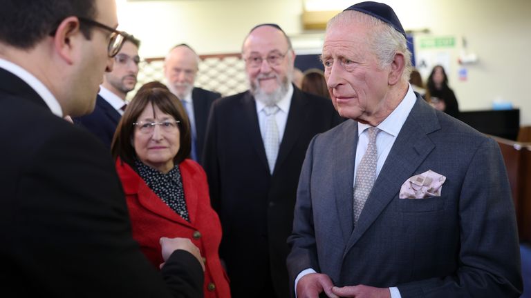 The King visited Heaton Park synagogue after the terror attack in Manchester. Pic: PA