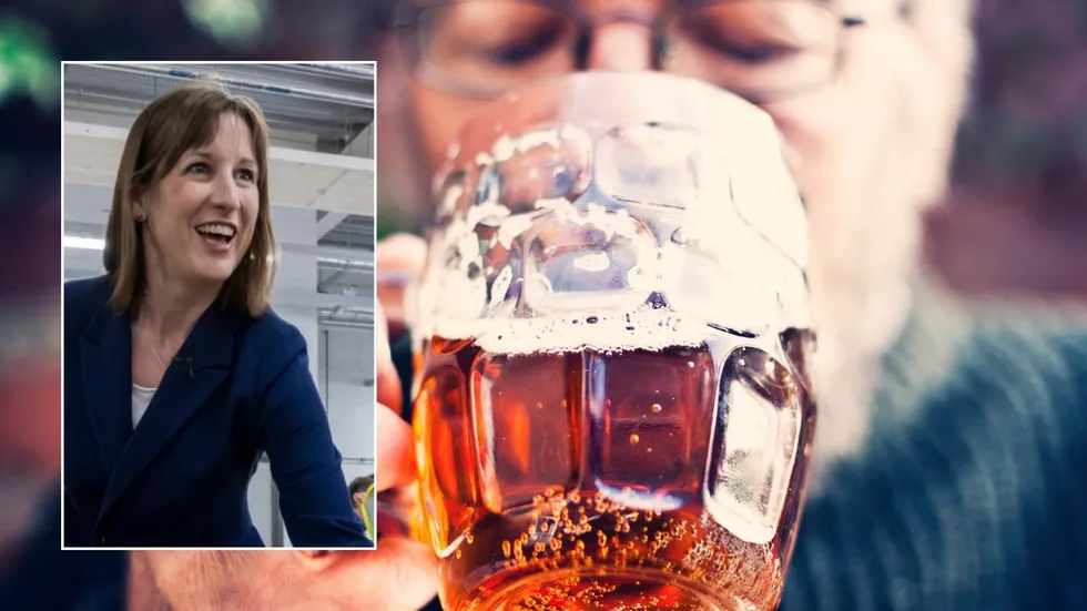 Rachel Reeves and man drinking pint of beer