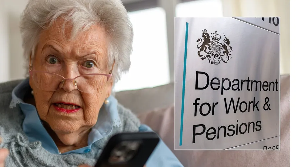 Older woman in shock and DWP sign