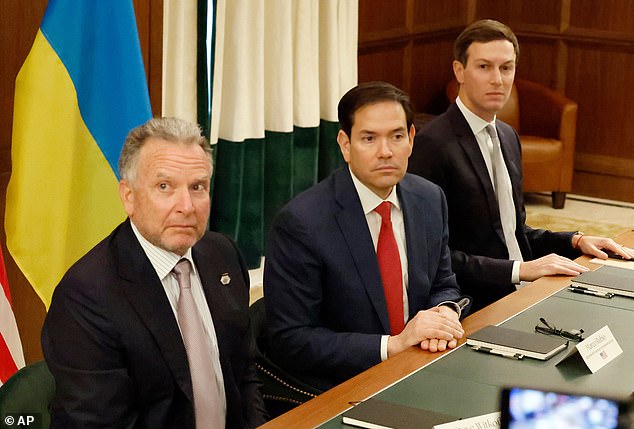 Special Envoy Steve Witkoff, left, Secretary of State Marco Rubio, center, and Jared Kushner attend a meeting with Ukrainian officials Sunday, November 30, 2025, in Hallandale Beach, Florida